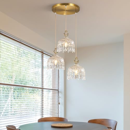 3 Light Pendant Light Fixtures Brass Vintage Glass Pendant Lights Crystal Hanging Light Fixtures (3 Count)