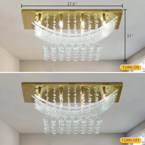 Modern Chandelier Crystal Chandelier Flush Mount Chandelier Gold Rectangle Crystal Raindrop Chandelier 8 Lights Ceiling Light Fixture Pendant Lamp for Kitchen Island Dining Room Closet Wedding Decor