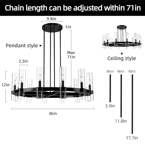 12 Light Black Round Chandelier 36'' Wagon Wheel Chandeliers for Dining Room Light Fixture Clear Glass Tube Chandelier Modern Farmhouse Chandeliers for Living Room Bedroom