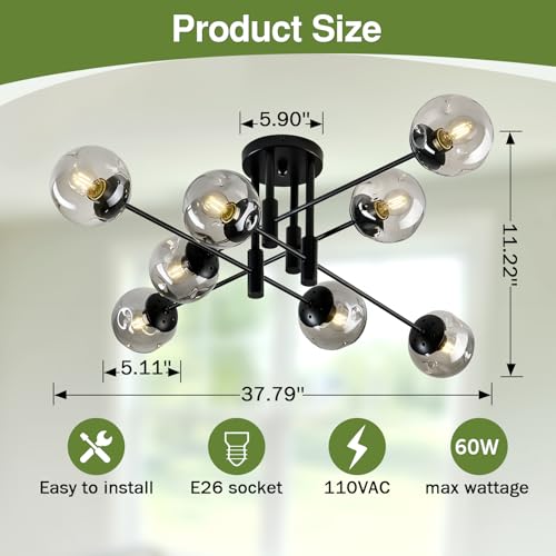 8 Light Glass Globe Ceiling Light Black Mid Century Flush Mount Sputnik Light Fixture Bubble Chandelier Living Room Farmhouse for Dining Room Kitchen Bedroom