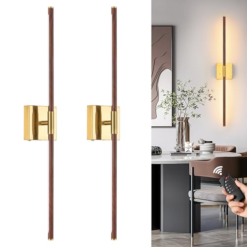 36 Inch Walnut Gold Battery Operated Wall Sconce Set of Two with Remote (2 Count)