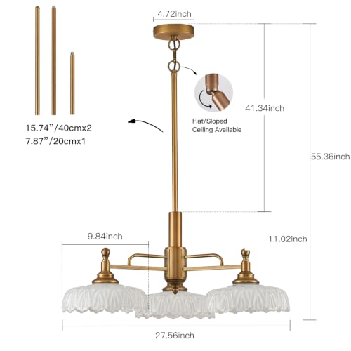 Chandelier Pendant Lights Fixture Vintage Pendant Lighting Fixtures 3 Lights Brass Chandelier E26 Base White Glass Hanging Lamp for Kitchen Island Dining Room Living Room