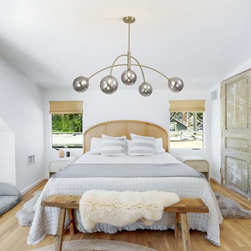 Modern Gold Chandelier 5 Light Smoke Gray Semi Flush Mount Chandelier Vintage Industrial Ceiling Light Dining Room Chandelier for Kitchen Bedroom Hallway