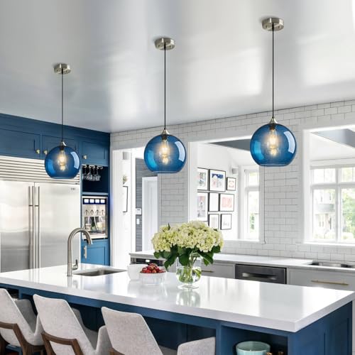 Blue Glass Pendant Lights Kitchen Island Lighting Globe Pendant Light Fixtures Modern Pendant Lighting for Kitchen Island Bedroom Living Dining Room Light Fixture (2 Count)