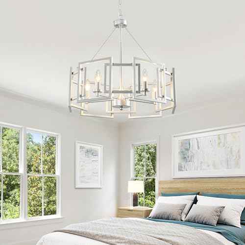 Modern Chandelier Chrome Geometric Pendant Lighting Fixture 5-Light Metal Farmhouse Chandelier for Dining Room Living Room entryway Kitchen Bedroom Island