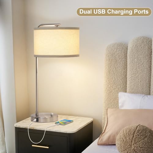 25" Tall Modern Bedside Lamp with USB C+A Ports
