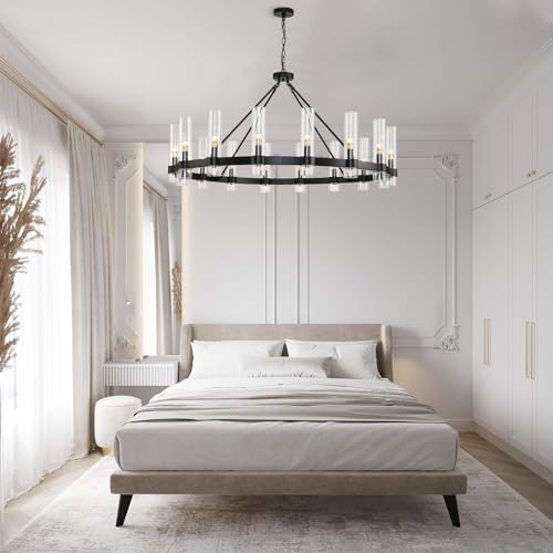 48 Inch Black Wagon Wheel Chandelier with Glass Shade
