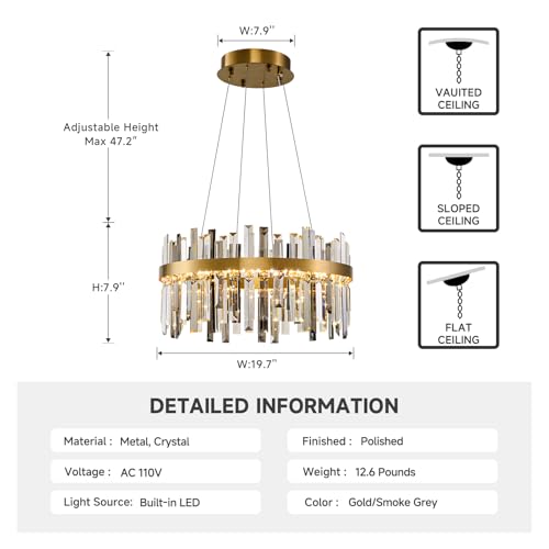 Led Modern Gold Smoke Grey Crystal Chandelier