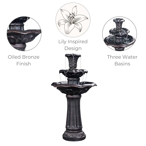 Lily Flower Floor Pedestal 3 Tiered Floor Waterfall Fountain with Pump for Outdoor Patio Garden Backyard Decking
