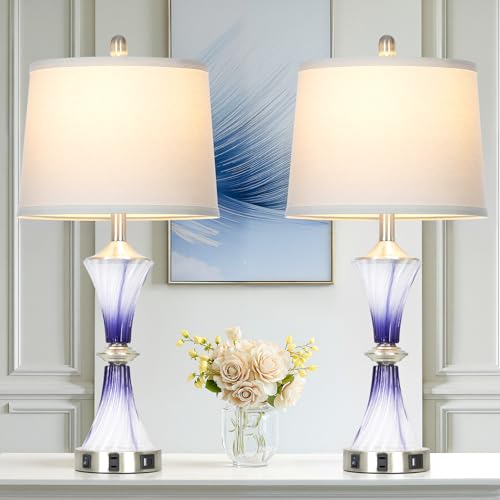 Purple Glass Table Lamp Set of 2 with USB C+A Ports & AC Outlet (2 Count)