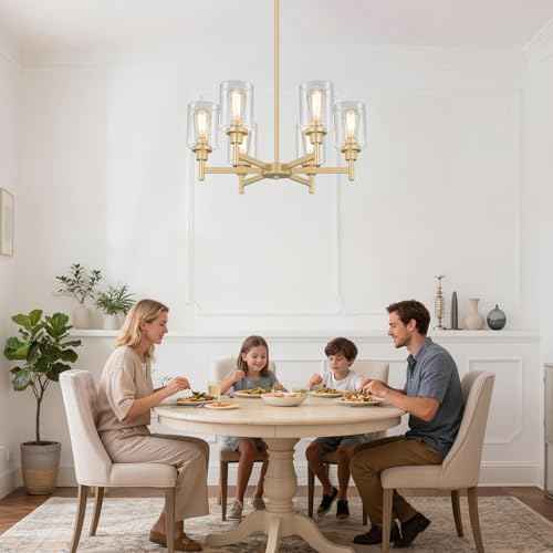 6 Light Gold Farmhouse Chandeliers for Dining Room Light Fixture 25"