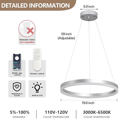 20" Modern Nickel Led Chandelier Ring Dimmable LED Chandeliers with Remote Control for Kitchen Island Height Adjustable Chandelier Led Pendant Light for Living Room Dining Room Bedroom Foyer