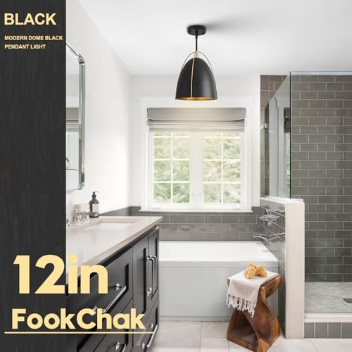 Black Dome Pendant Light 3 Light Socket Large Pendant Light Fixture with Adjustable Pendant Rod 12in Black Gold Pendant Lighting for Kitchen Island Dining Room Kitchen Sink