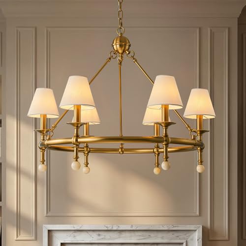 6 Light W34 Inch Warm Brass Statement Chandelier with White Pleated Fabric Shades and Alabaster Finials Large Round Designer Lighting for Dining Room Living Room