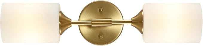 2-Lights Gold Wall Sconce with White Cylinder Glass Shades Modern Mid Century Bathroom Vanity Wall Light Fixtures Industrial Brushed Brass Wall Lamp for Bedroom Mirror Living Room Restaurant