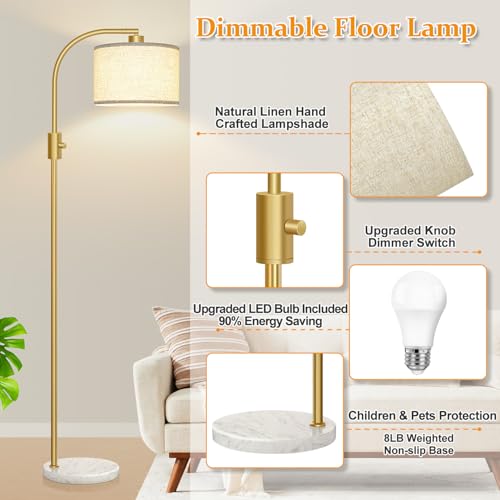 Upgraded Modern Arc Dimmable Tall Standing Floor Lamp with Marble Base & Linen Shade