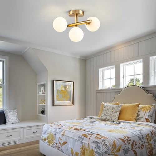 3 Light Semi Flush Mount Ceiling Light Frosted Globe (3 Count)