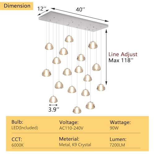 Rectangular Crystal Chandeliers for Living Room Dining Room Light LED Pendant Lights Fixtures Lighting Chandelier for Foyer Entrance Silver