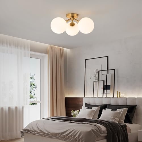 Gold Opal Globe Mid Century Modern Semi Flush Mount Ceiling Light Fixture