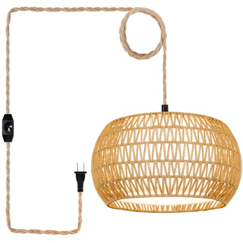 Large Plug in Pendant Light Boho Hanging Lights with Plug in Cord (yellow-Drum shape / 16.8)