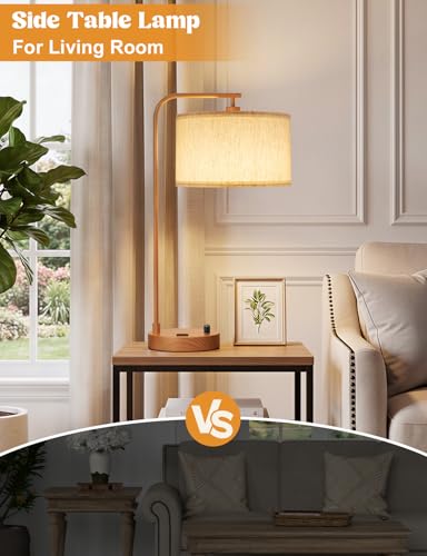 Wood Table Lamp for Bedroom with USB Port and Outlet