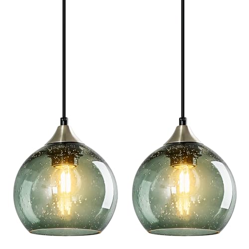 Gray Green Glass Pendant Lights Kitchen Island Lighting Globe Pendant Light Fixtures Modern Pendant Lighting for Kitchen Island Bedroom Living Dining Room Light Fixture (2 Count)