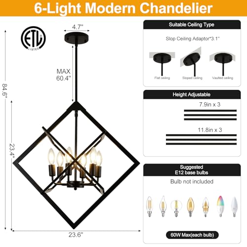 24" Modern Black Chandelier for Dining Room