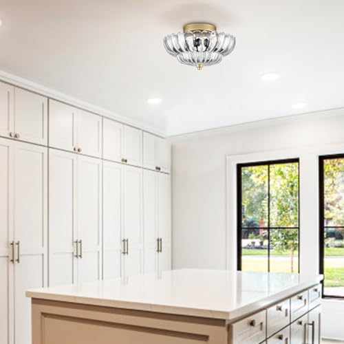 Gold Ceiling Light Fixture with Scalloped Clear Glass Shade