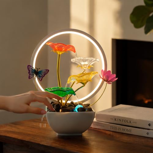 Tabletop Fountain Acrylic Lotus Indoor Fountain Water Feature for Zen Home Office Fengshui Decor Warm Light