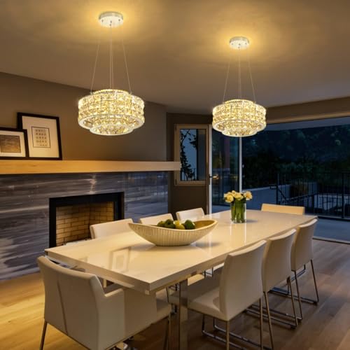 LED Chandeliers for Dining Room LED Dimmable Pendant Lights for Kitchen Island Crystal Adjustable Chandelier for Bedroom Hallway Entrance 12" Silver Light