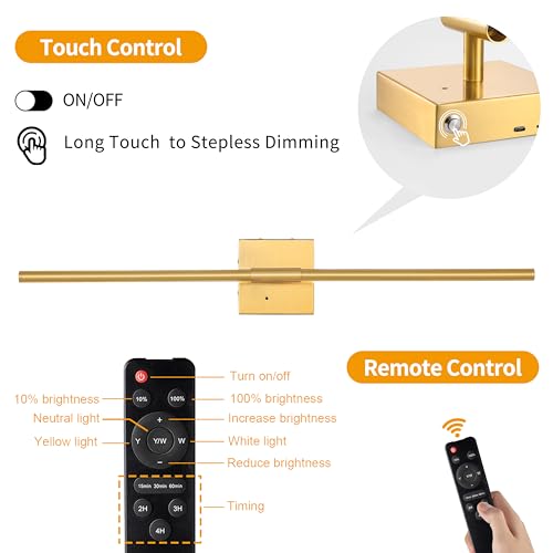 Gold Battery Operated Wall Sconces Set of 2 with Remote 24 Inch (2 Count)