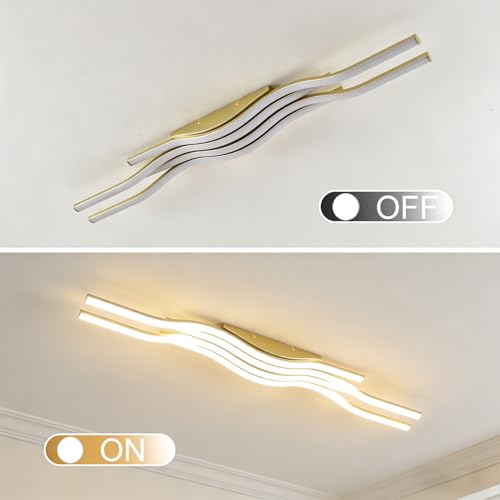 Gold Modern Light Fixture Flush Mount Led Ceiling Lights Dimmable Close to Ceiling Light Fixture with Remote Modern Dining Room Light Fixture for Hallway