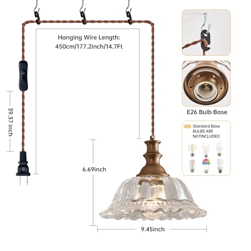 Plug in Pendant Light Fixtures Vintage Pendant Lighting with Plug in Cord Hanging Light Kitchen Glass Hanging Lamp with Switch for Island Dining Room Living Room