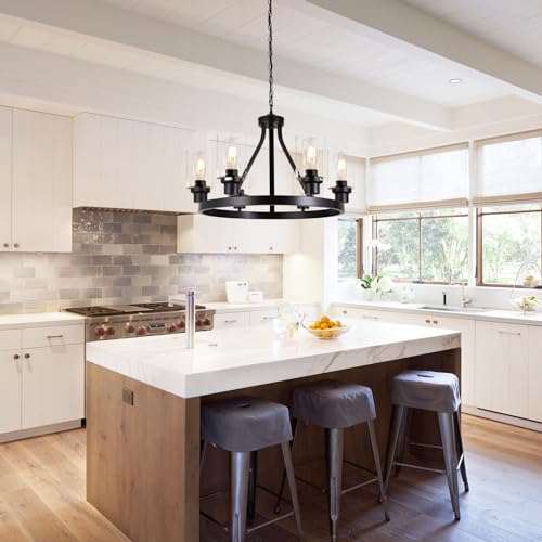 6 Light Farmhouse Chandelier Light Fixture Dining Room Lighting Fixtures Hanging Wagon Wheel Chandelier Kitchen Island Pendant Lights Modern Black Industrial Rustic Adjustable Height Metal