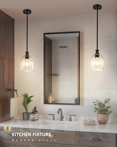 2 Pack Modern Black Pendant Lights Kitchen Island Cylinder Glass (2 Count)