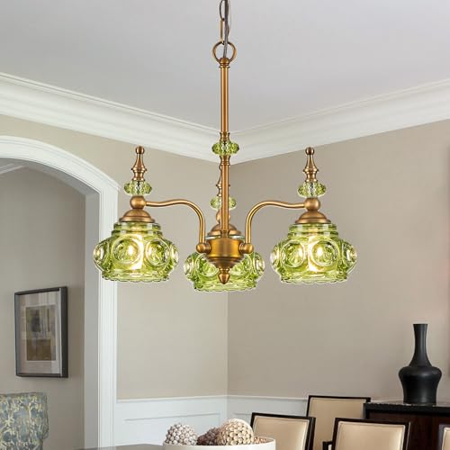 3 Light Green Pendant Lighting Fixtures Vintage Brass Pendant Light for Bedroom Kitchen Island Dining Room Living Room
