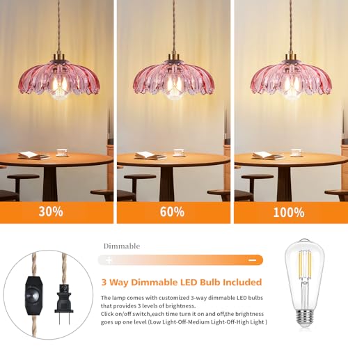 Pink Plug in Pendant Light Glass Hanging Lights with Plug in Cord Boho Hanging Lamp Gold Mid Century Modern Vintage Dimmable Flower Plug in Chandelier Ceiling Fixture for Living Room