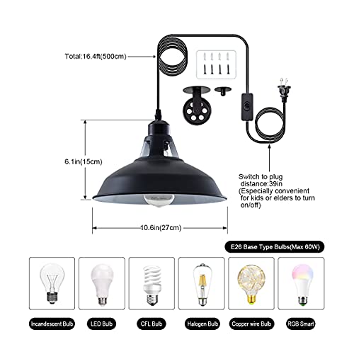 Plug in Pendant Light Industrial Pulley Pendant Lamp E26 Vintage Hanging Light Fixture With 16.4ft Cord On (2 Count)