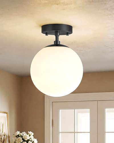 Semi Flush Mount Ceiling Light 6" Globe Mid Century Modern Light Fixture Milk Glass with Matte Black Finish Light Fixtures for Hallway Entryway Kitchen Island Closet Laundry Bathroom