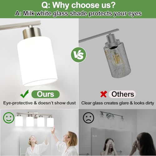 Brushed Nickel Bathroom Light Fixtures with Milk Glass Shades