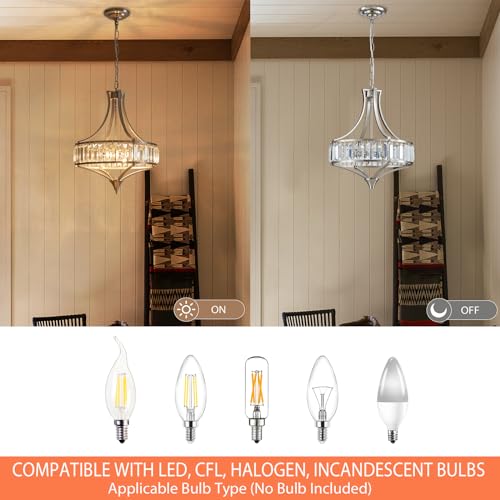 Crystal Chandeliers for Dining Room 15.7" Round Rustic Farmhouse Hanging Pendant Lighting Fixture Modern Brushed Nickel Chandelier Metal Shade 4