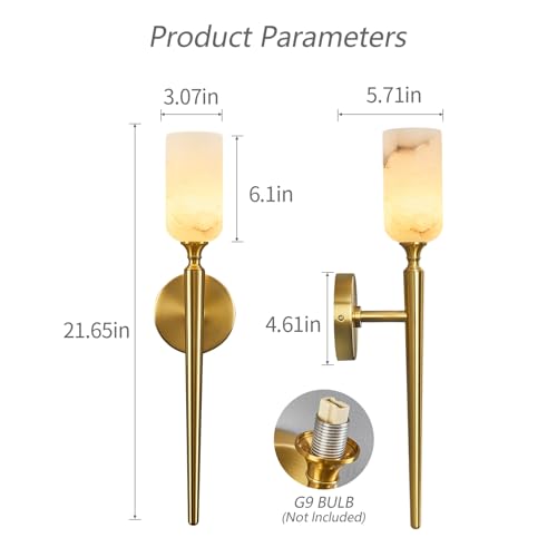 Natural Alabaster Wall Sconce Modern Gold Wall Sconces Set of Two Bathroom Sconce Wall Decor Antique Marble Sconces Wall Lighting for Bedroom Living Room Entryway Hallway Staircase