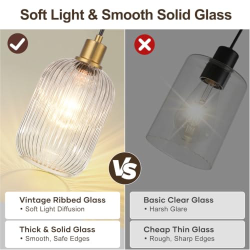 2 Pack Pendant Lights with Vintage Clear Ribbed Glass Lampshade (2 Count)