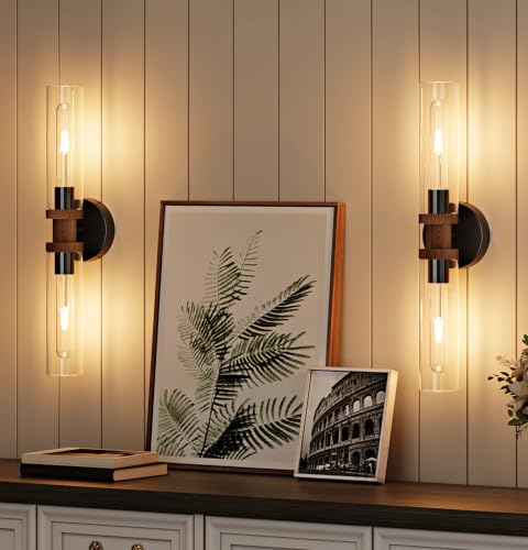 Black & Walnut Wireless Battery Operated Wall Sconce with Remote (2 Count)