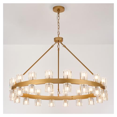 36 Inch Gold Wagon Wheel Chandelier with Crystal Shade