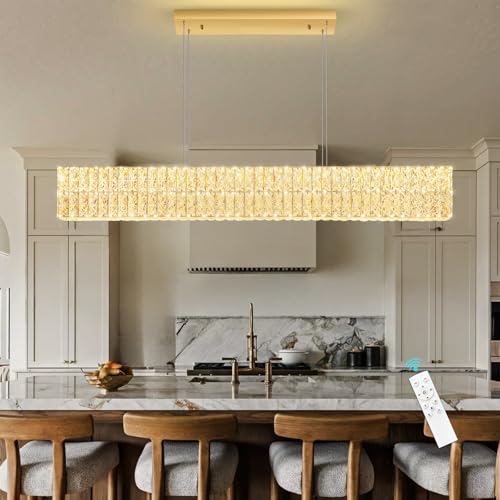 Rectangular Crystal Chandelier with Dimmable LED Lights Dining Room Remote Ceiling Pendants Lighting Fixtures for Kitchen Island Gold