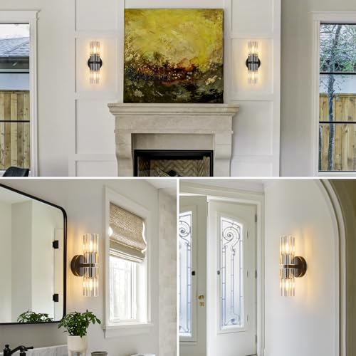 Modern Black Wall Sconces Set of Two Bedroom Crystal Wall Sconces Indoor Sconces Wall Lighting Living Room Sconces with K9 Crystal Lampshade for Bathroom Hallway Entryway Stairway (2 Count)
