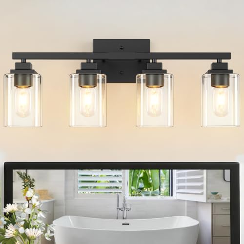 Matte Black Bathroom Light Fixtures (Black-Clear Shade / 4-Light)
