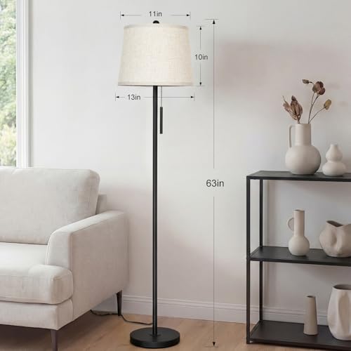 Upgraded】 Modern Black Floor Lamp 63in Standing Lamp for Living Room Bedroom Office 3 Way Brightness Dimmable Tall Pole Light with Beige Linen Shade Metal Shade 8W 3000K LED Bulb Included