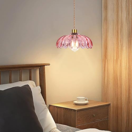 Pink Plug in Pendant Light Glass Hanging Lights with Plug in Cord Boho Hanging Lamp Gold Mid Century Modern Vintage Dimmable Flower Plug in Chandelier Ceiling Fixture for Living Room